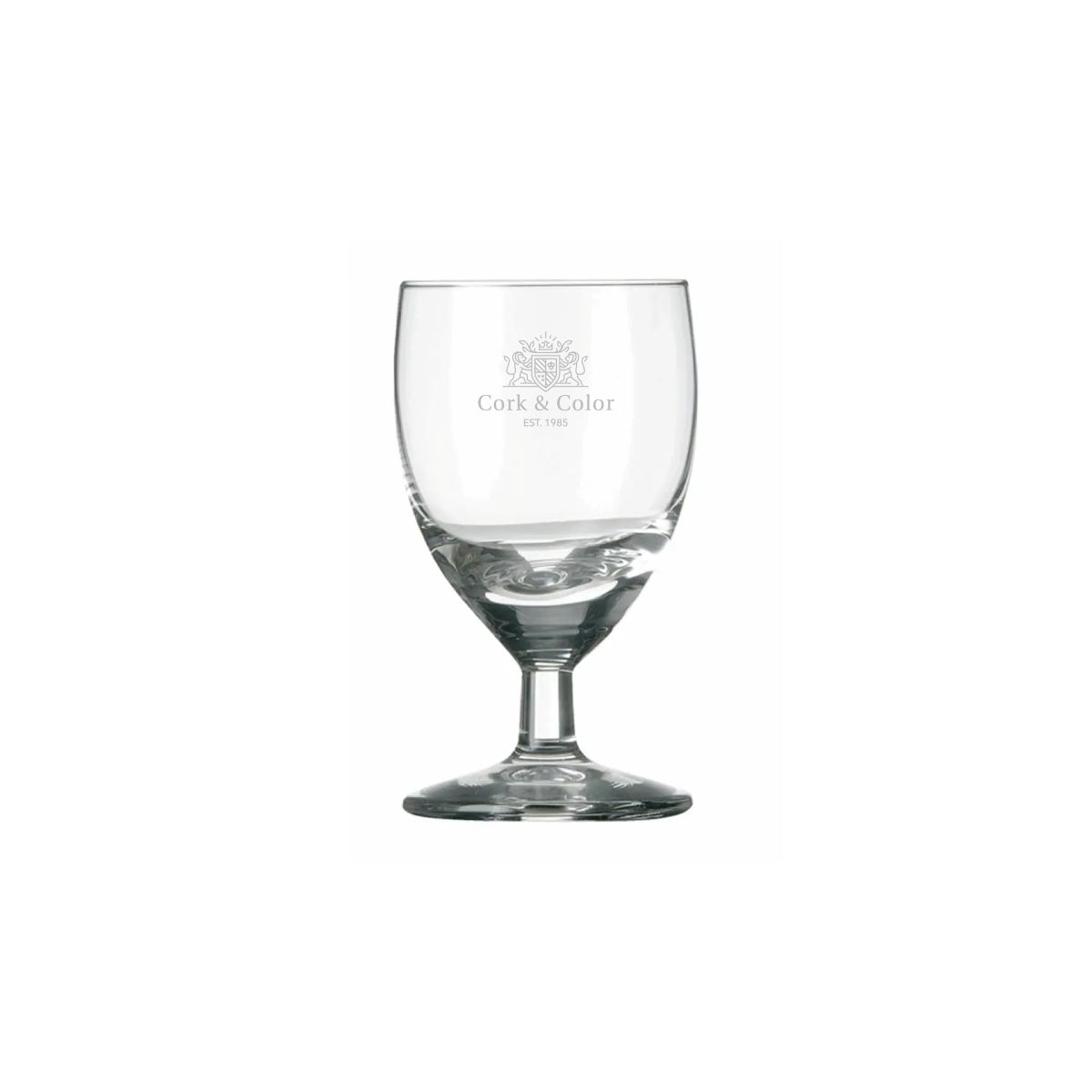 Schnapsglas Gilde 3,5 cl. mit eingraviertem CorkColor-Logo auf der Vorderseite, dezent sichtbar im Glas.