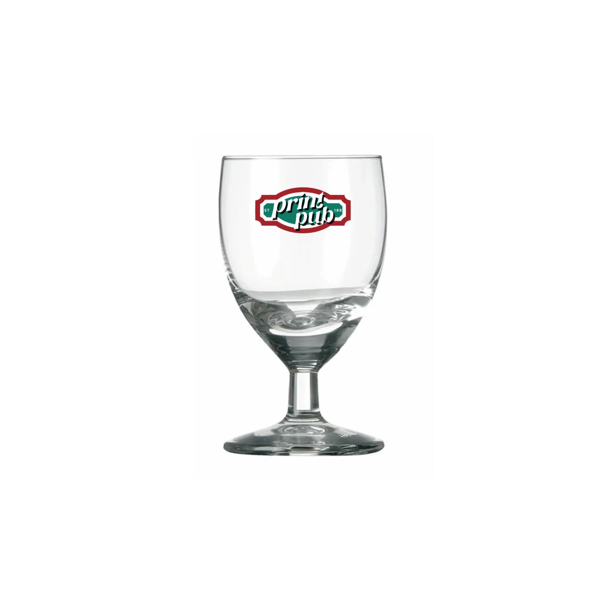 Schnapsglas Gilde 3,5 cl. mit mehrfarbigem PrintPub-Logo auf der Vorderseite, gedruckt auf Klarglas.