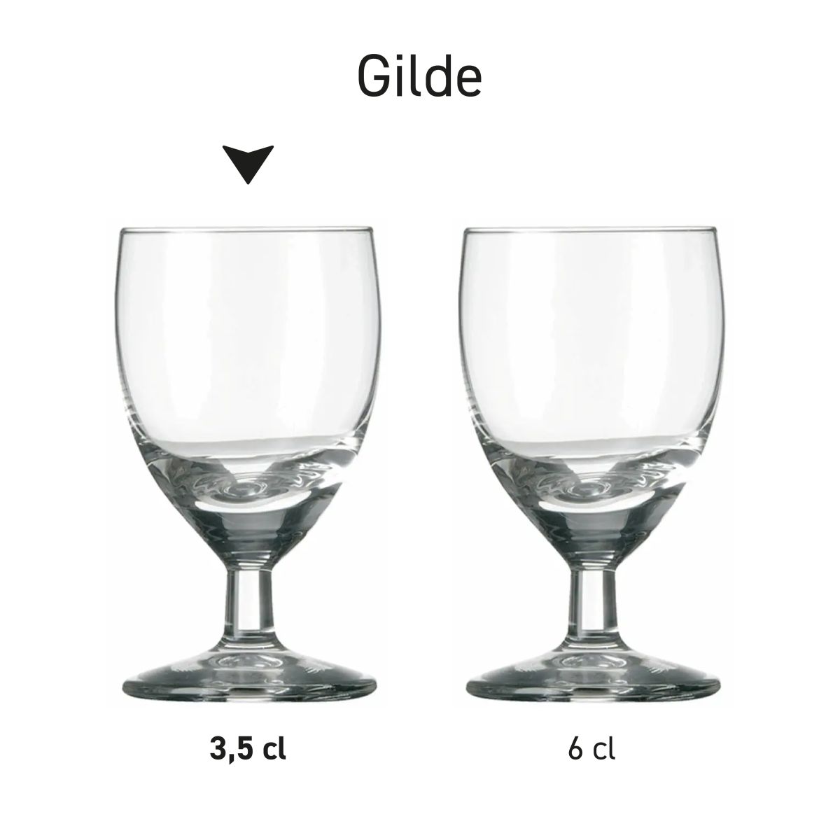 Serie von Schnapsgläsern Gilde aus Glas, Übersicht der Modelle nebeneinander.