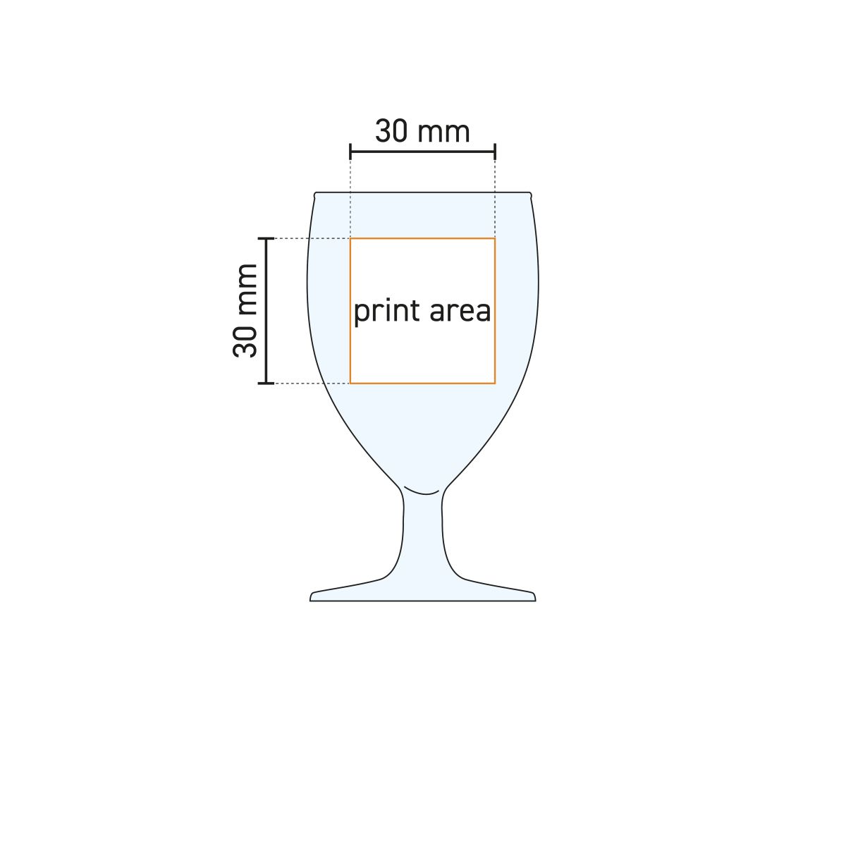 Technische Zeichnung der Druckfläche auf Schnapsglas Gilde 6 cl. mit Markierungen für den Druck.