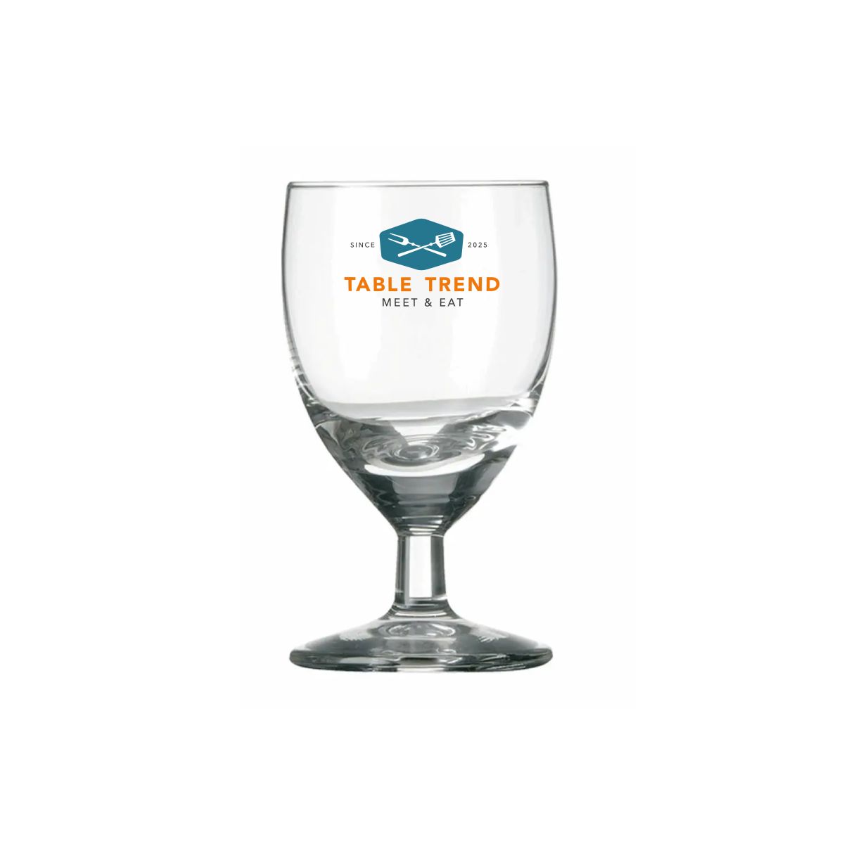 Schnapsglas Gilde 6 cl. mit mehrfarbigem TableTrend-Logo auf der Vorderseite, gedruckt auf Klarglas.