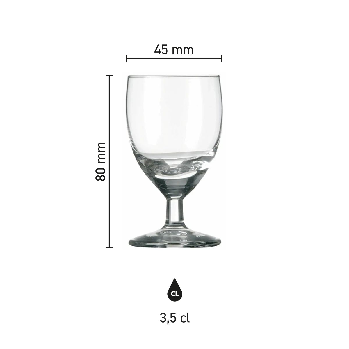 Infografik mit den Abmessungen von Schnapsglas Gilde 6 cl. einschließlich Höhe und Durchmesser.