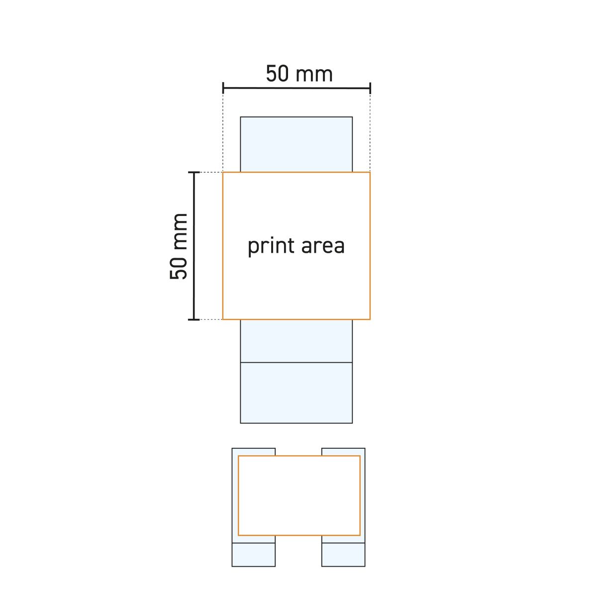 Technische Arbeitszeichnung des Schnapsglases Islande 6,5 cl. mit Angabe der Druckfläche auf dem Glas.