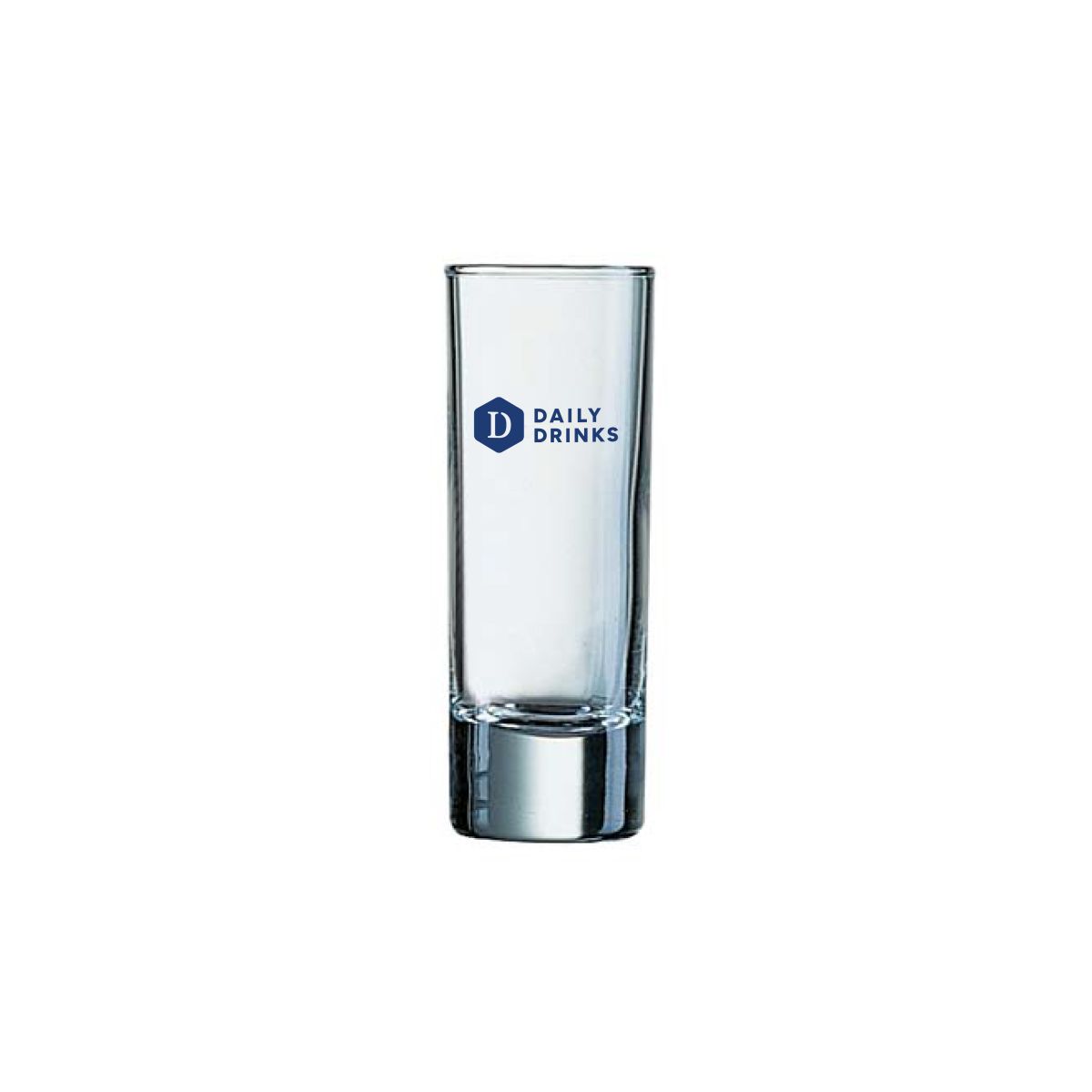 Schnapsglas Islande 6,5 cl. mit einfarbigem DailyDrinks-Logo auf der Vorderseite, bedruckt auf klarem Glasboden.