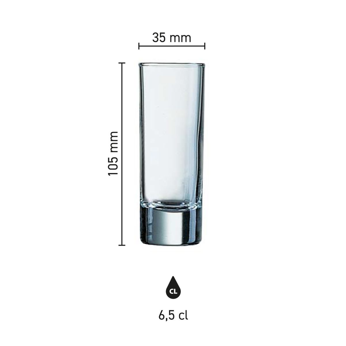 Infografik mit den Abmessungen des Schnapsglases Islande 6,5 cl. einschließlich Durchmesser und Höhe.