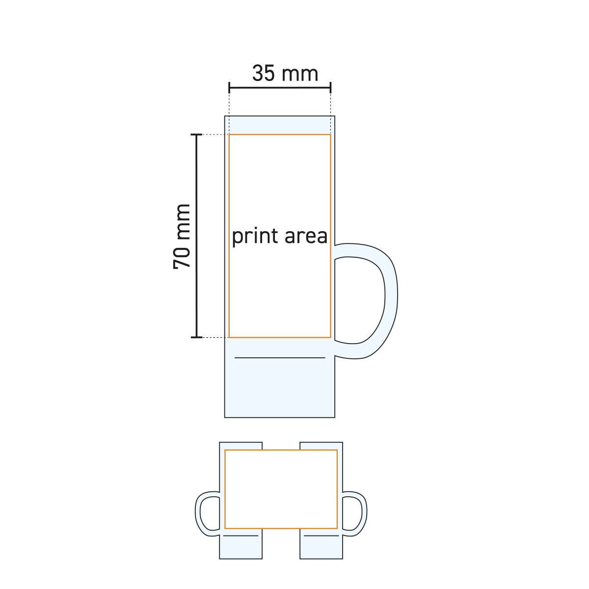 Technische Arbeitszeichnung mit Druckfläche auf Islande Schnapsglas 5,5 cl mit Ohr, Markierungen für Druck.