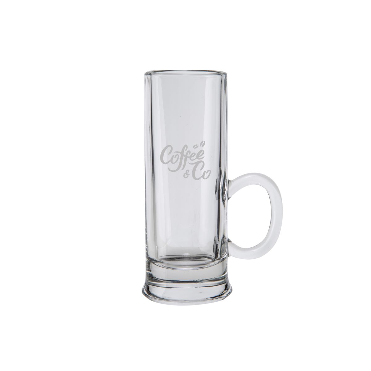 Gravur des CoffeeCo-Logos auf der Vorderseite des Shot-Glases Islande 5,5 cl. mit Ohr, dezent sichtbar im Glas.