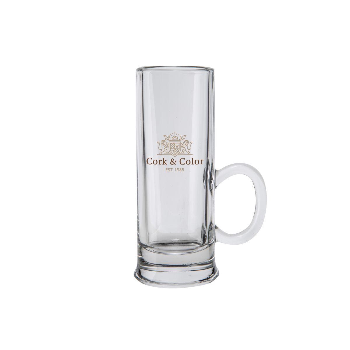 Schnapsglas Islande mit Ohr 5,5 cl. mit mehrfarbigem CorkColor Logo auf der Vorderseite, glasklarer Boden.