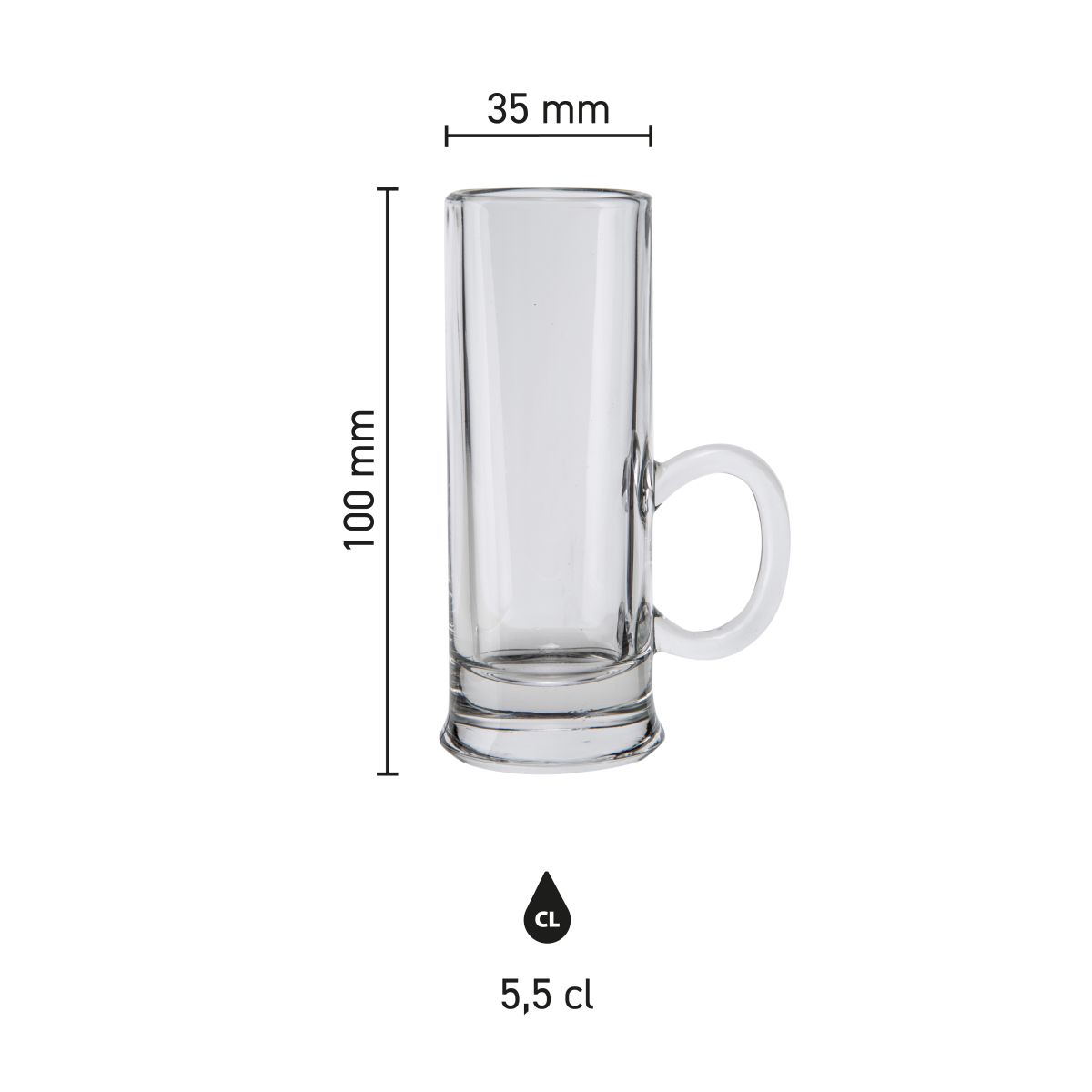 Infografik mit den Abmessungen des Islande Shotglases mit Ohr 5,5 cl, einschließlich Höhe und Durchmesser.