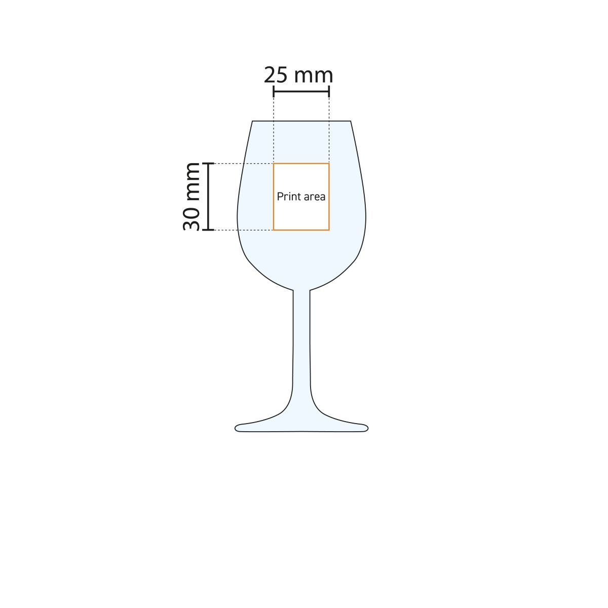 Druckflächenanzeige für Logodruck auf dem Bouquet-Portglas 14 cl. in Arbeitszeichnung.