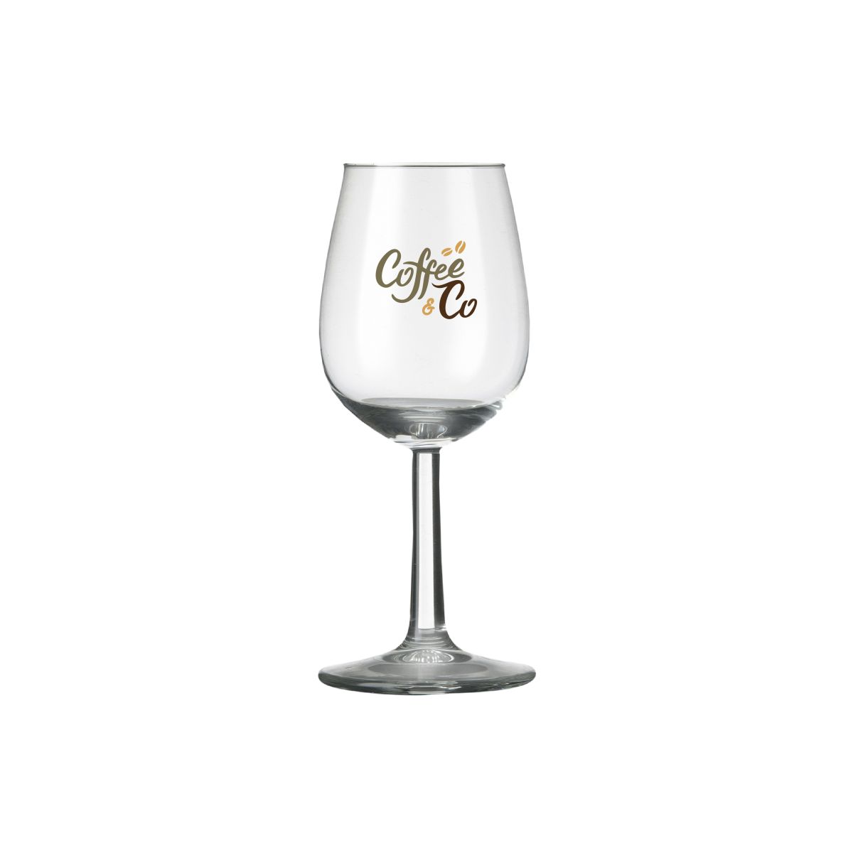 Bouquet Port Glas 14 cl. bedruckt mit mehrfarbigem CoffeeCo-Logo auf der Vorderseite.