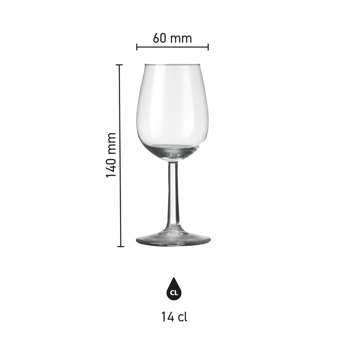 Infografik mit den Glasabmessungen von Bouquet port glass 14 cl.