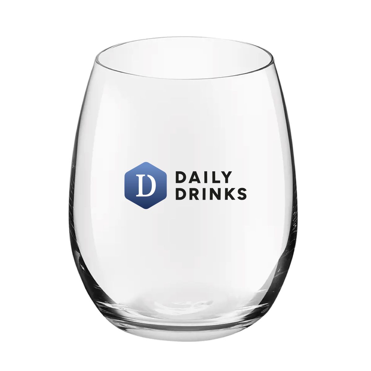 DailyDrinks-Glas mit vollfarbigem DailyDrinks-Logo in Vollfarbdruck auf der Vorderseite.