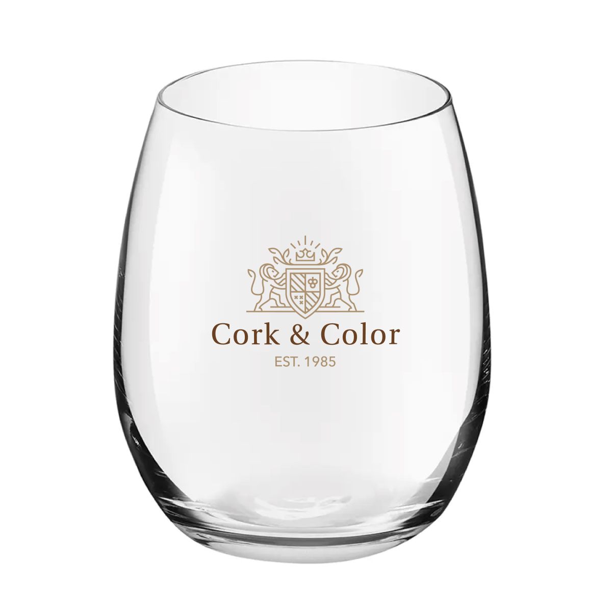 Mehrfarbiges CorkColor Logo auf der Vorderseite eines 39cl Bouquet Tumbler Glases.