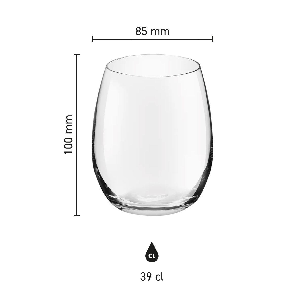 Infografik mit den Produktabmessungen des 39cl Bouquet Tumbler Glases, einschließlich Höhe und Breite.
