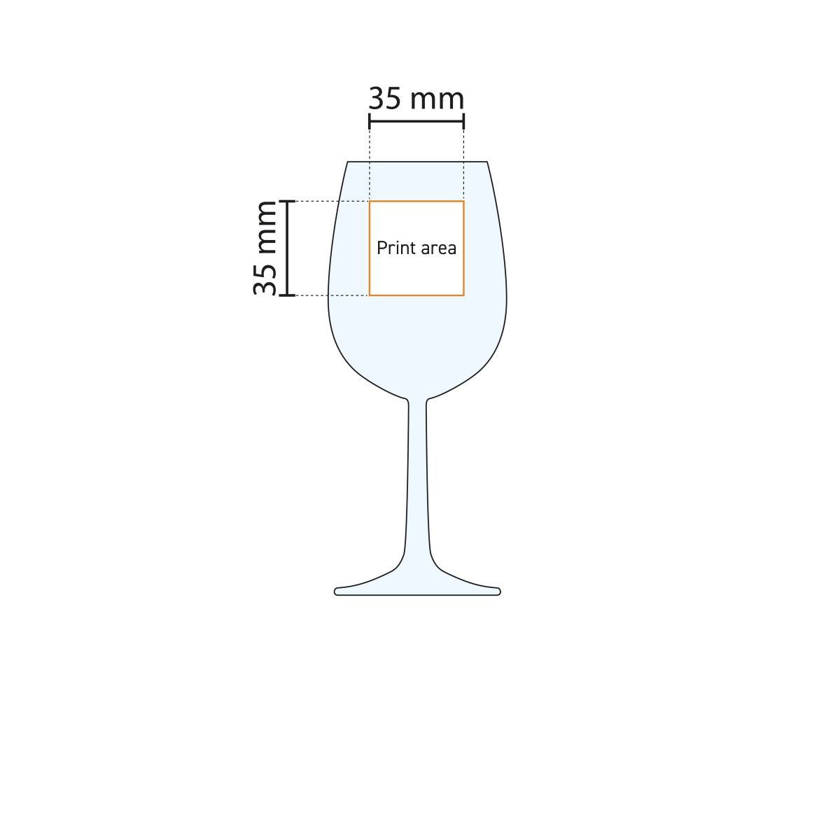 Technische Arbeitszeichnung mit Druckfläche auf Bouquet Weinglas 23 cl.