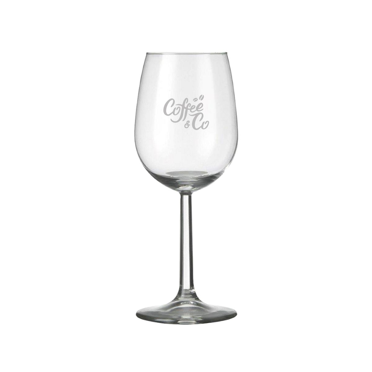 Bouquet Weinglas 23 cl. mit fein graviertem PrintPub-Logo auf der Vorderseite des Glases.