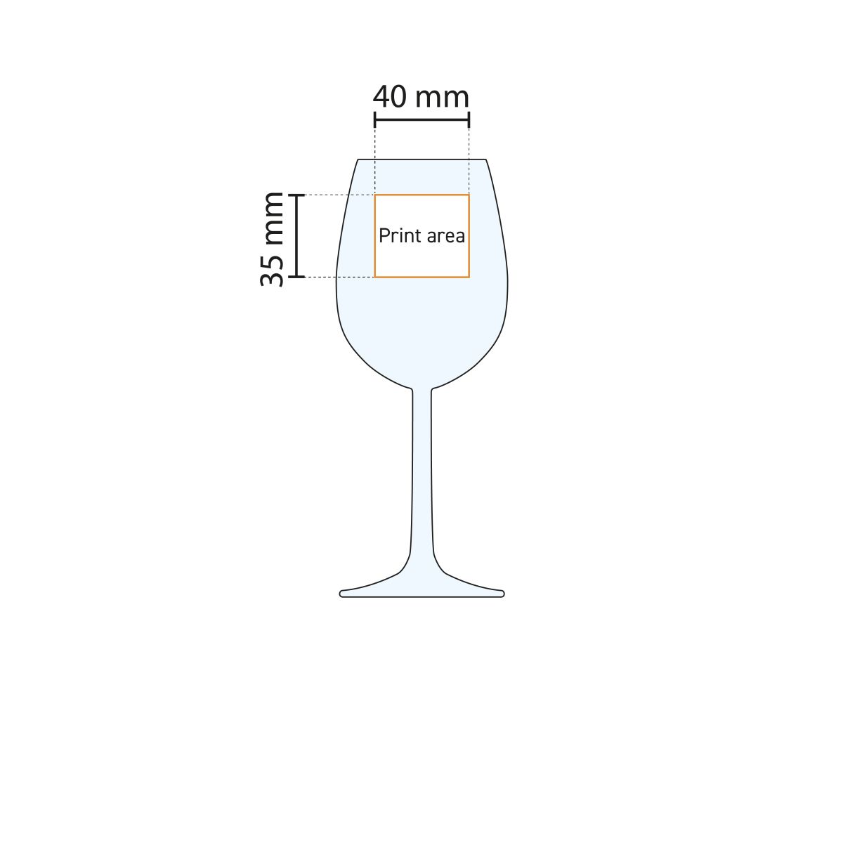 Technische Arbeitszeichnung mit Angabe der Druckfläche auf Bouquet Weinglas 29 cl.
