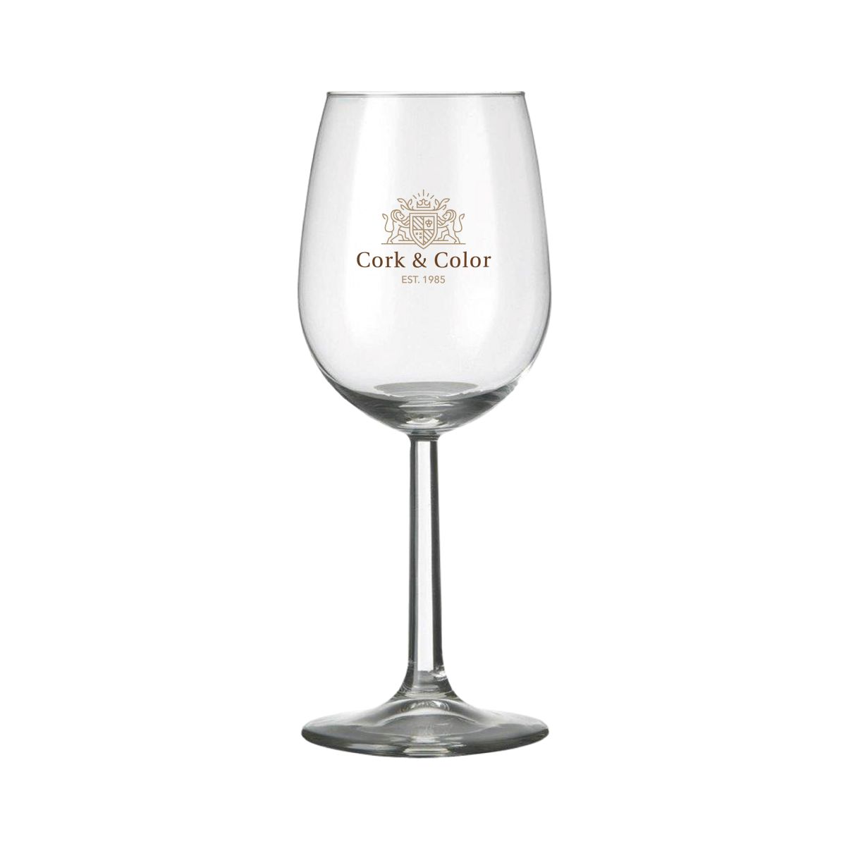 Vorderseite des Bouquet Weinglas 29 cl. bedruckt mit mehrfarbigem CorkColor-Logo.