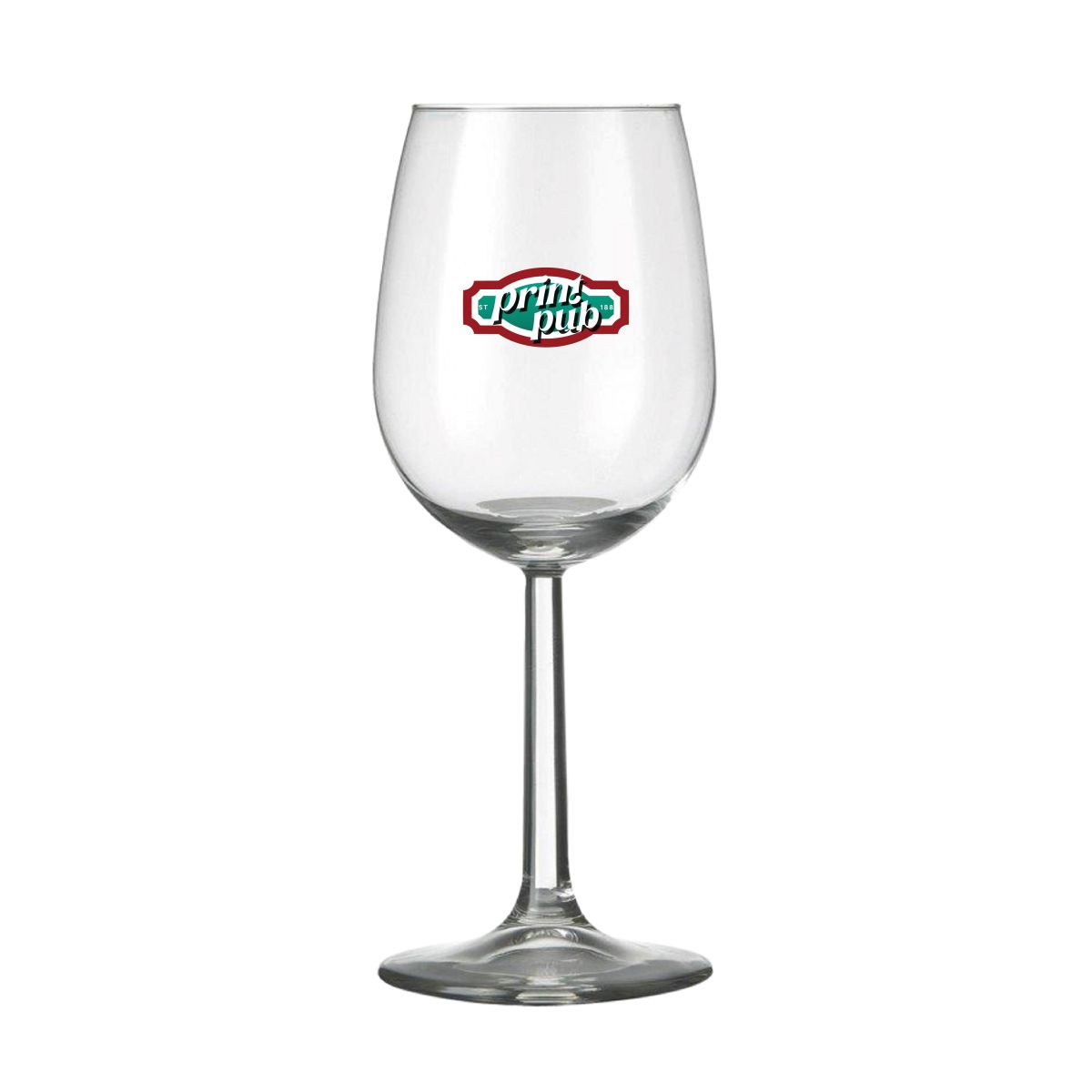 Vorderansicht des Bouquet Weinglas 35 cl. mit vollfarbigem PrintPub-Logo auf dem Glas.