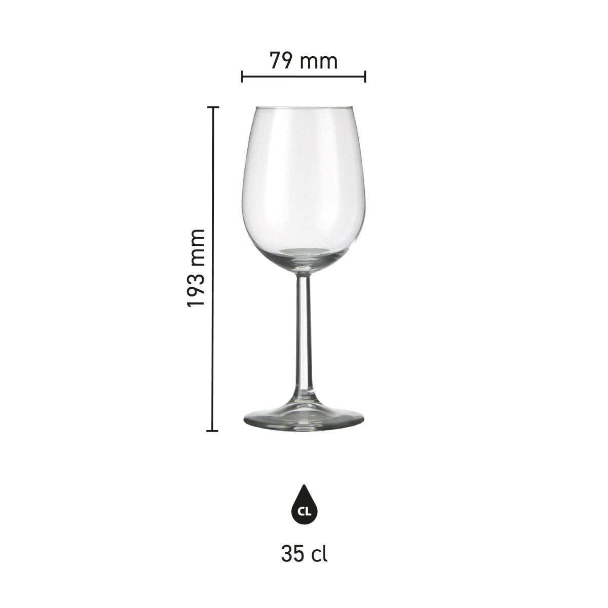 Infografik mit den Abmessungen des Weinglases Bouquet 35 cl. im Glas, mit Höhe und Durchmesser.