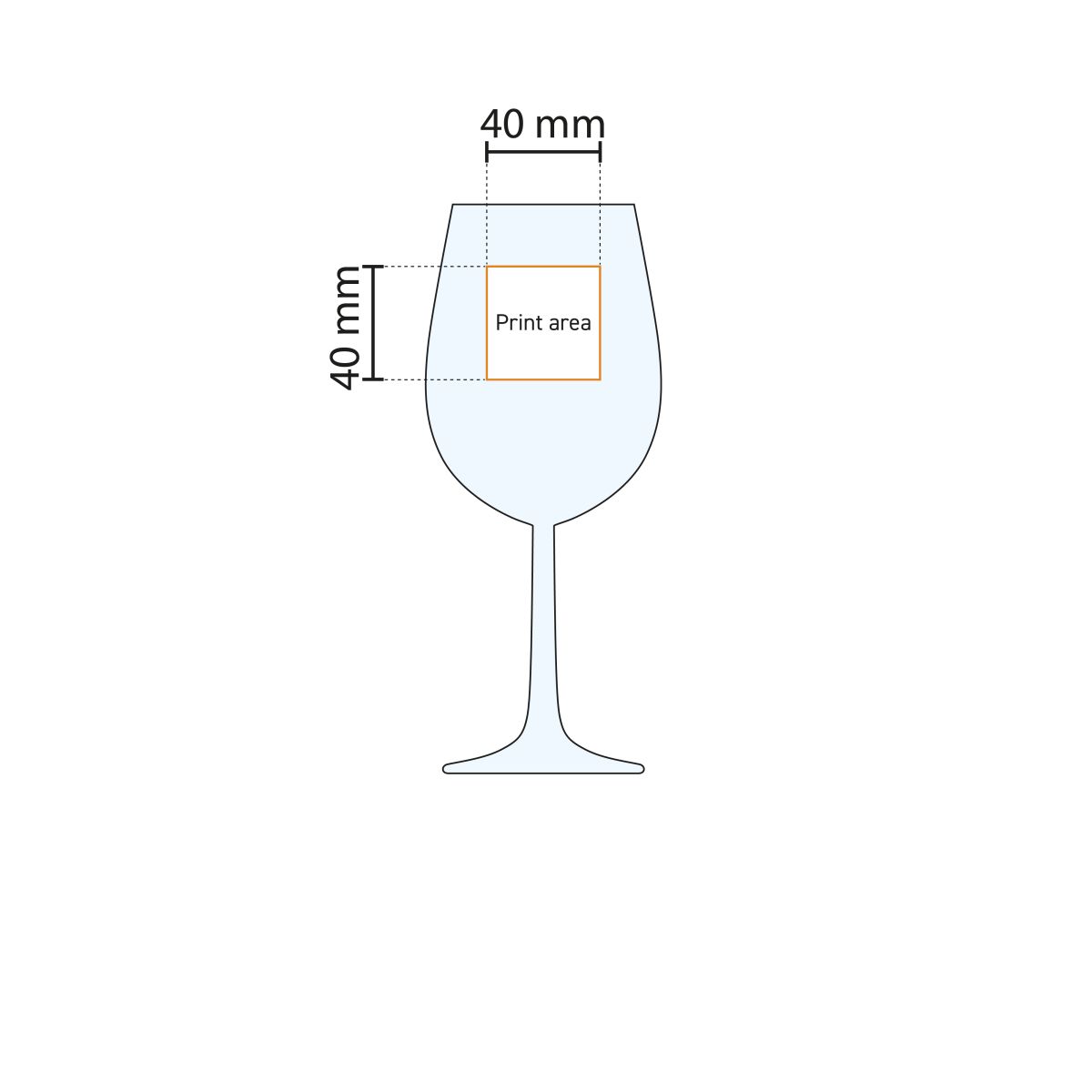 Anzeige der Druckfläche des Weinglases Bouquet 45 cl, mit genauer Positionierung des Drucks.