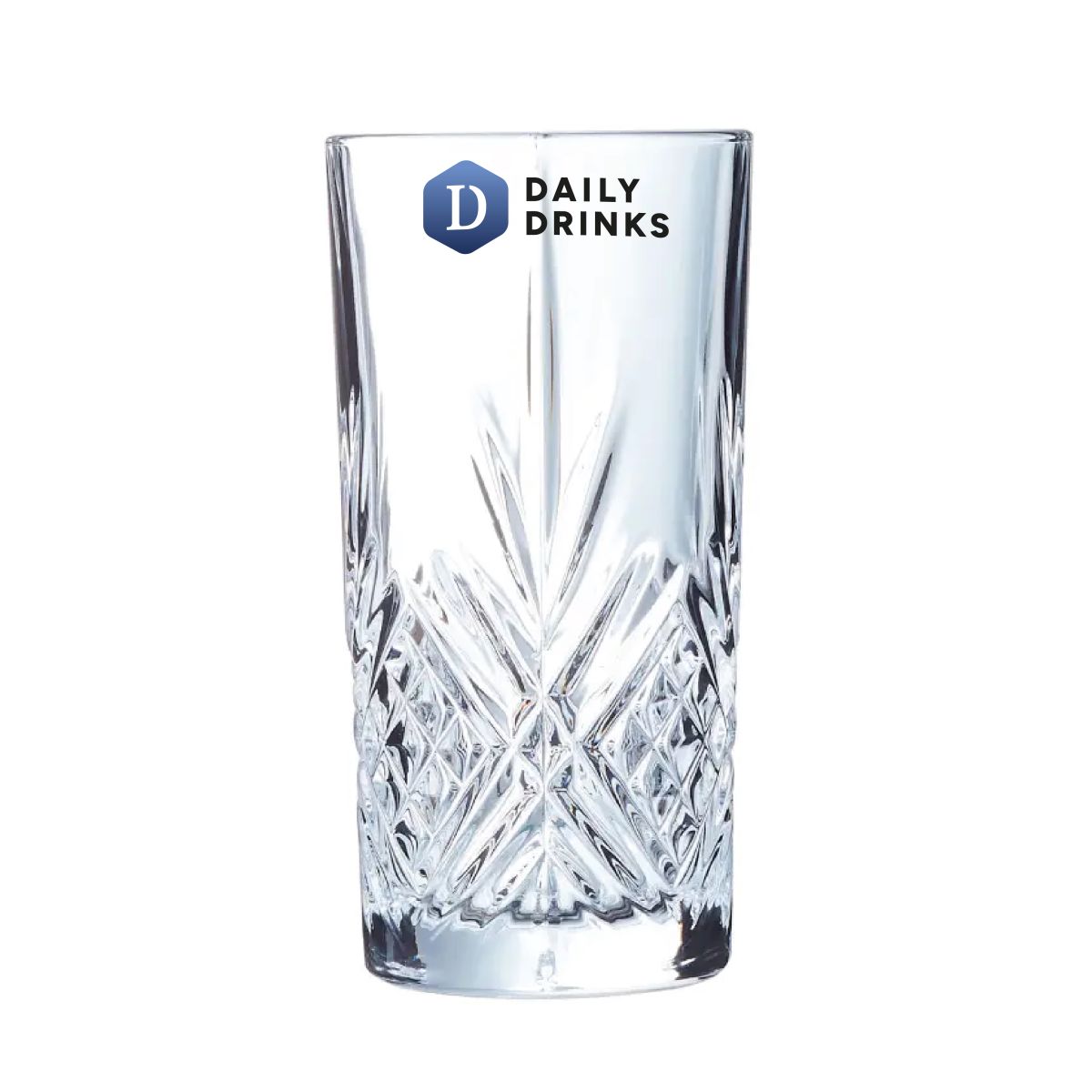 Broadway Longdrink-Glas 28 cl. mit vollfarbigem DailyDrinks-Logo auf der Vorderseite.