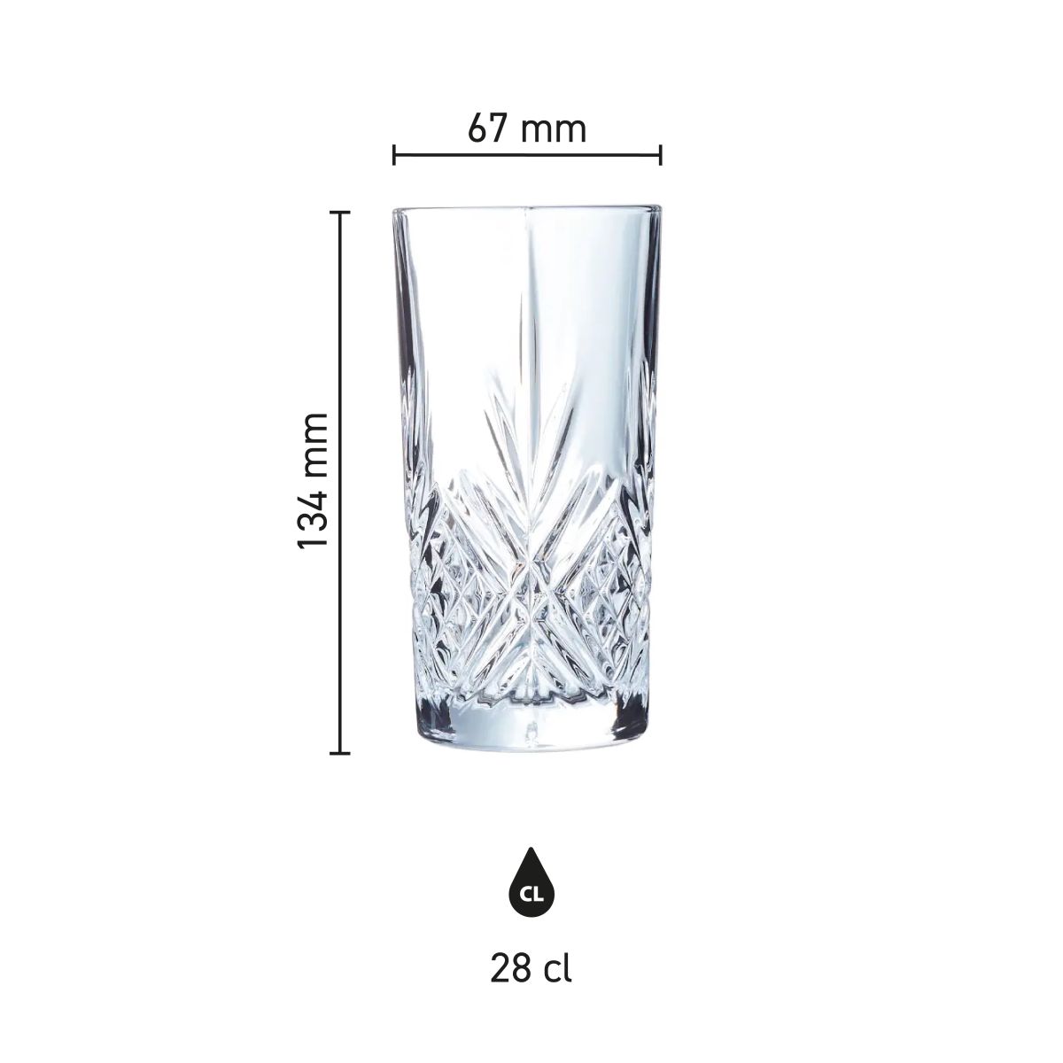 Infografik des Broadway Long Drink Glass 28 cl. mit Angabe von Höhe und Durchmesser.