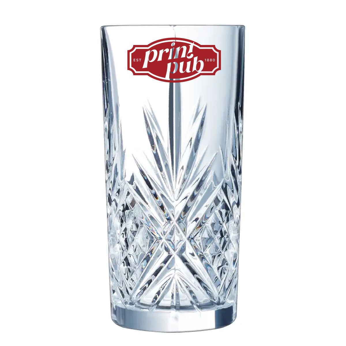 Broadway Longdrinkglas 38 cl. mit einfarbigem PrintPub-Logo auf der Vorderseite, auf Klarglas.