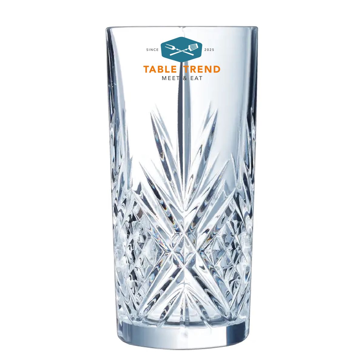 Broadway Longdrinkglas 38 cl. bedruckt mit mehrfarbigem TableTrend Logo auf der Vorderseite des Glases.
