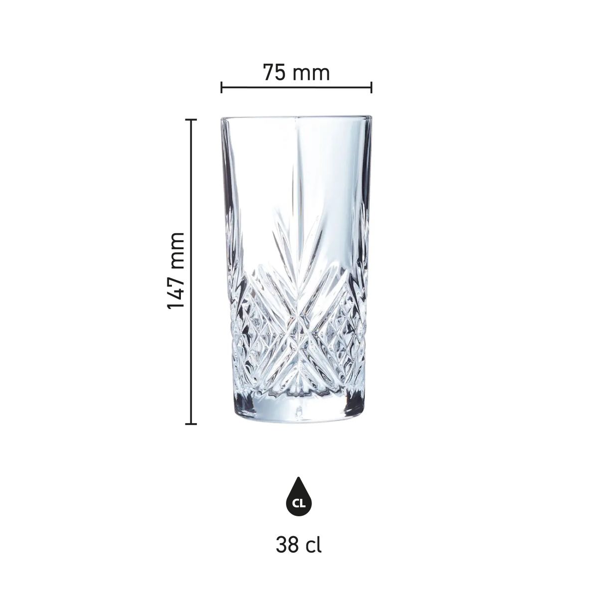 Infografik mit den Abmessungen des Broadway Longdrinkglases 38 cl in Millimetern.