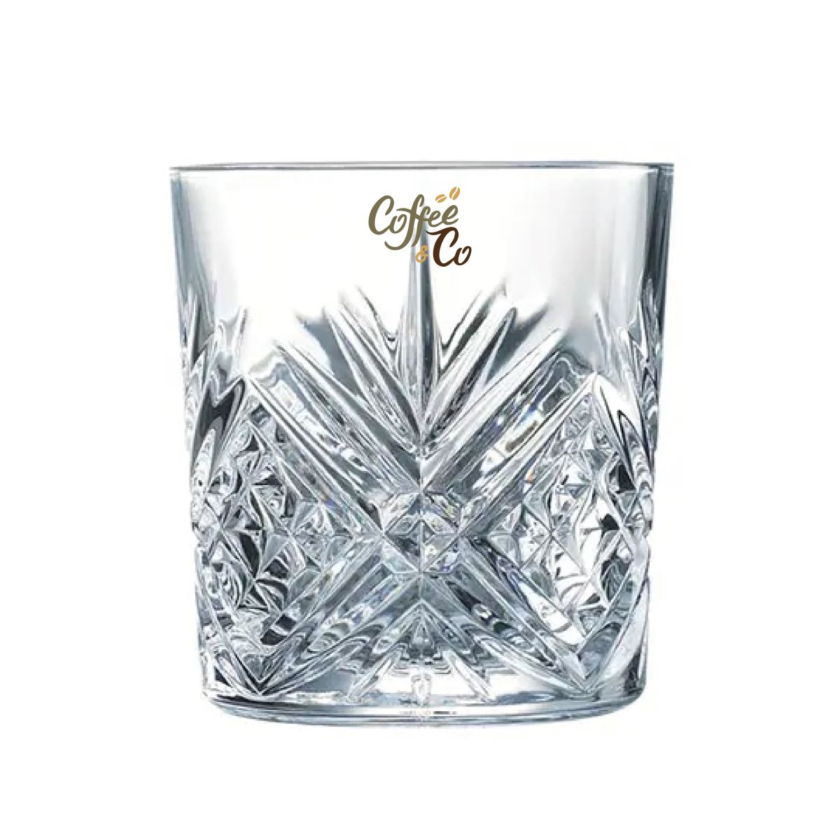 Vorderseite des Broadway Tumbler 30 cl. Glas mit mehrfarbigem CoffeeCo Logo auf transparentem Glas.