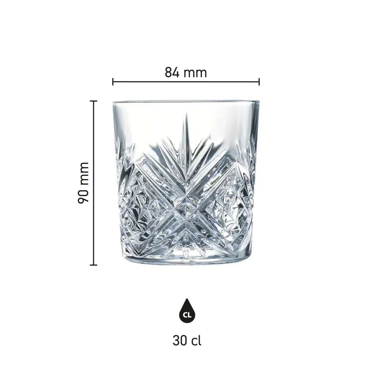 Die Infografik zeigt die genauen Abmessungen des Broadway Tumbler Glases 30 cl. in einem klaren Diagramm.