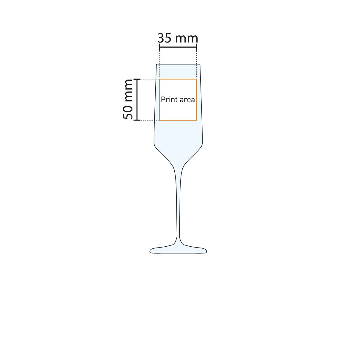 Technische Arbeitszeichnung der Druckfläche auf Carre Champagnerglas 22 cl. zum Bedrucken.
