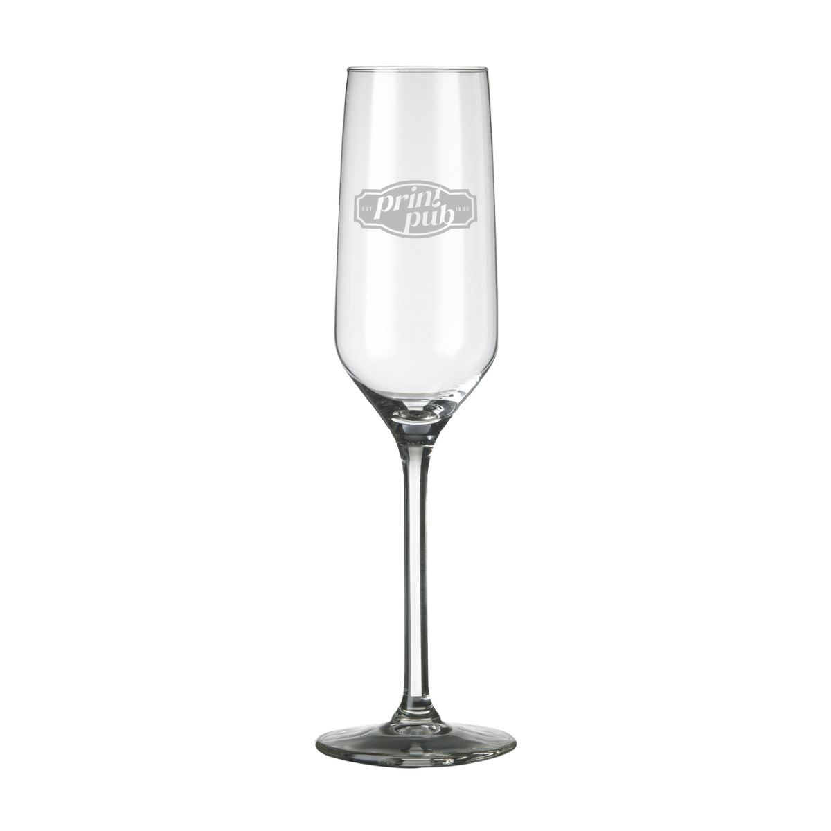 Carre Champagnerglas 22 cl. mit eingraviertem PrintPub-Logo in der Glasoberfläche.