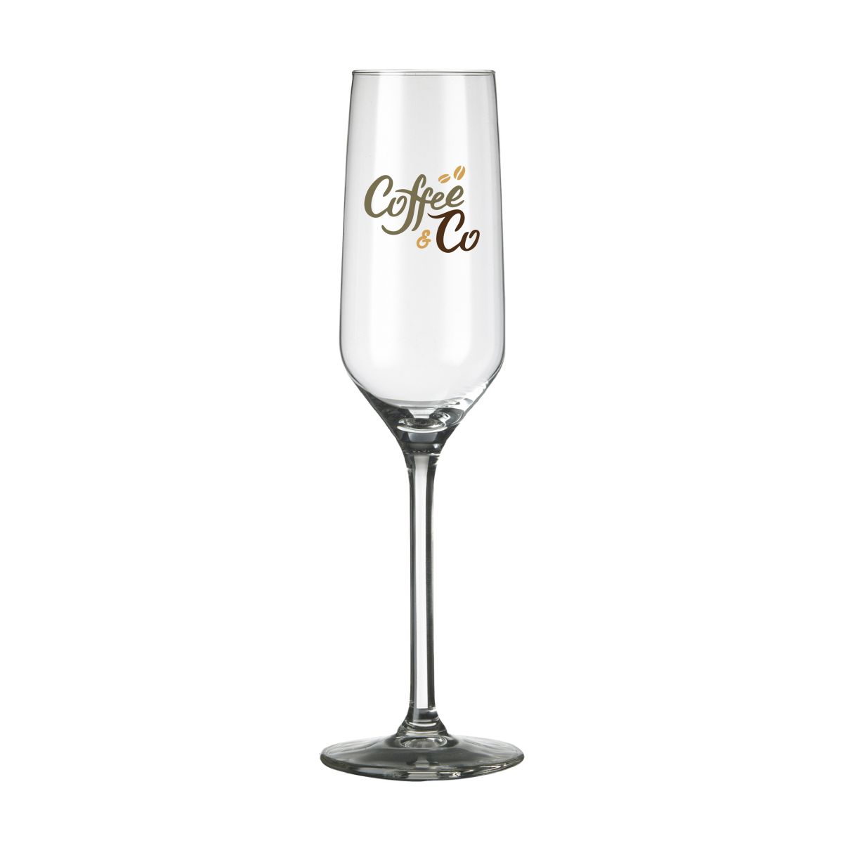 Carre Champagnerglas 22 cl. mit einem mehrfarbigen CoffeeCo-Logo auf der Vorderseite.