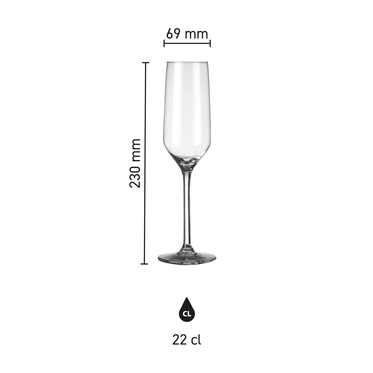 Schematische Infografik des Carre Sektglases 22 cl. mit Abmessungen und Form.