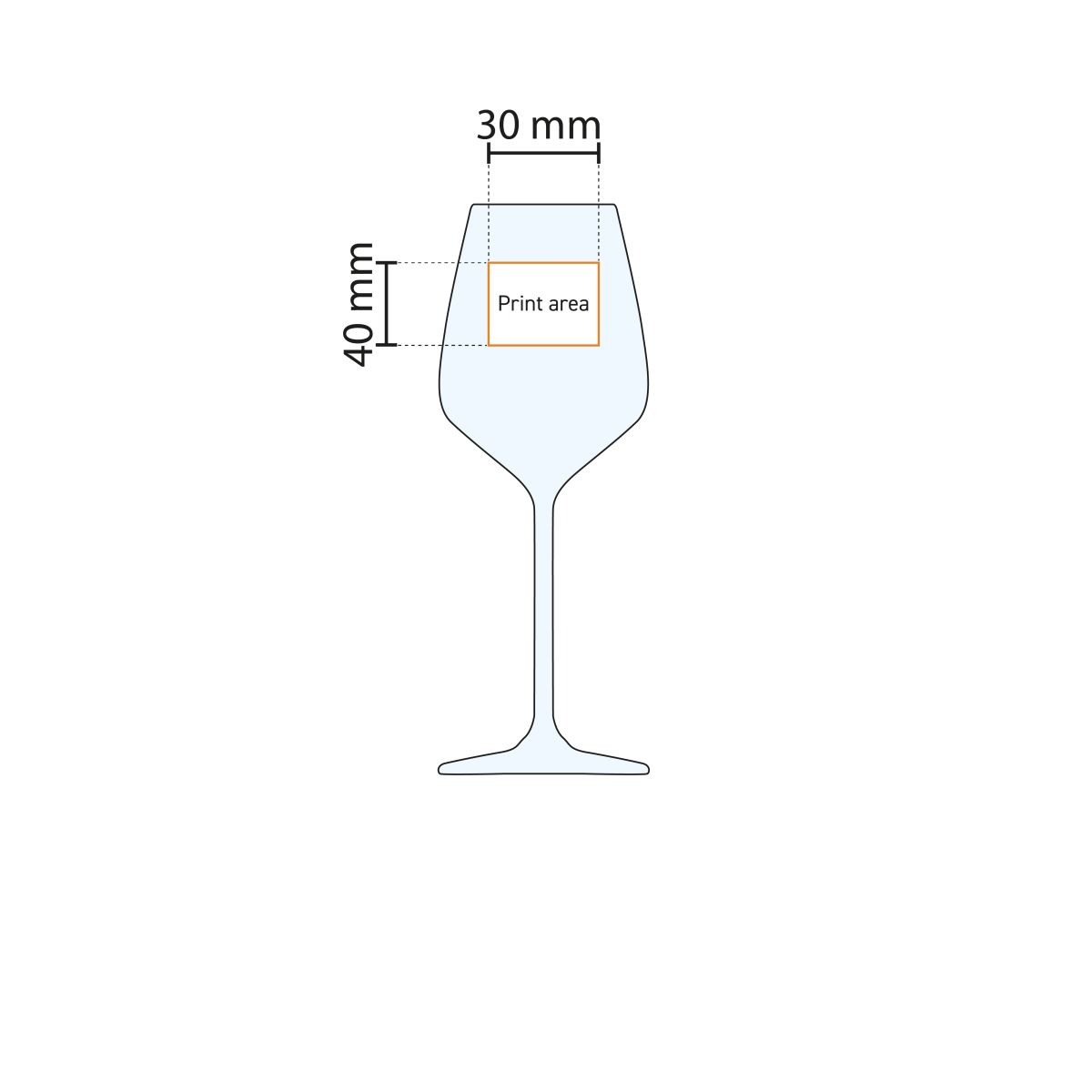 Technische Zeichnung von Carre Weinglas 29 cl. mit Markierung der Druckfläche.