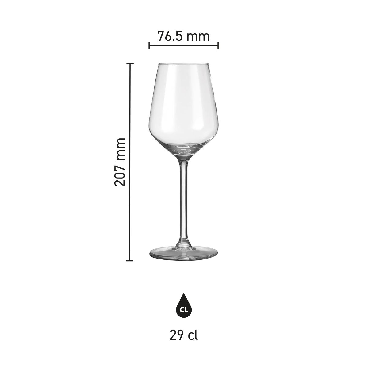 Größen und Proportionen des Carre Weinglas 29 cl. visuell dargestellt in der Infografik.