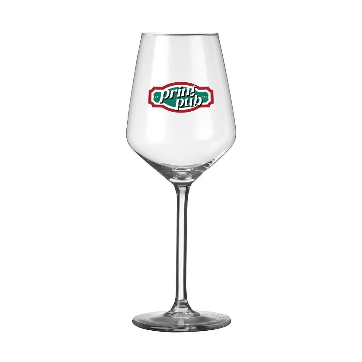 Vorderseite des Carre Weinglas 38 cl. mit mehrfarbigem PrintPub-Logo auf dem Glas.