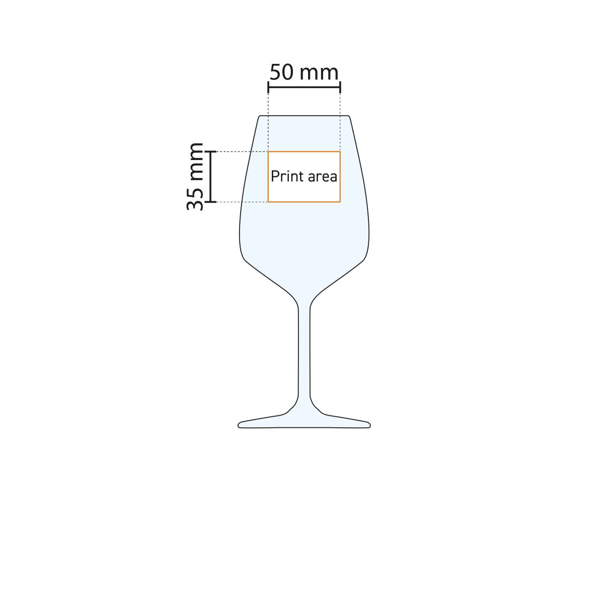 Druckflächenanzeige von Carre Weinglas 53 cl. mit Markierung für die Logoposition.