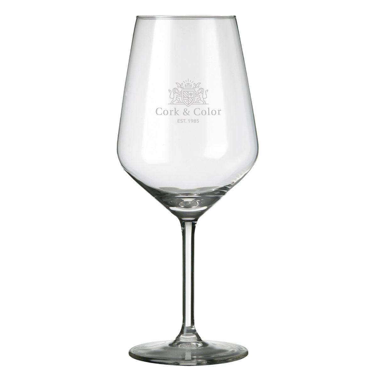 Gravur des CorkColor Logos auf der Vorderseite des Carre Weinglas 53 cl.