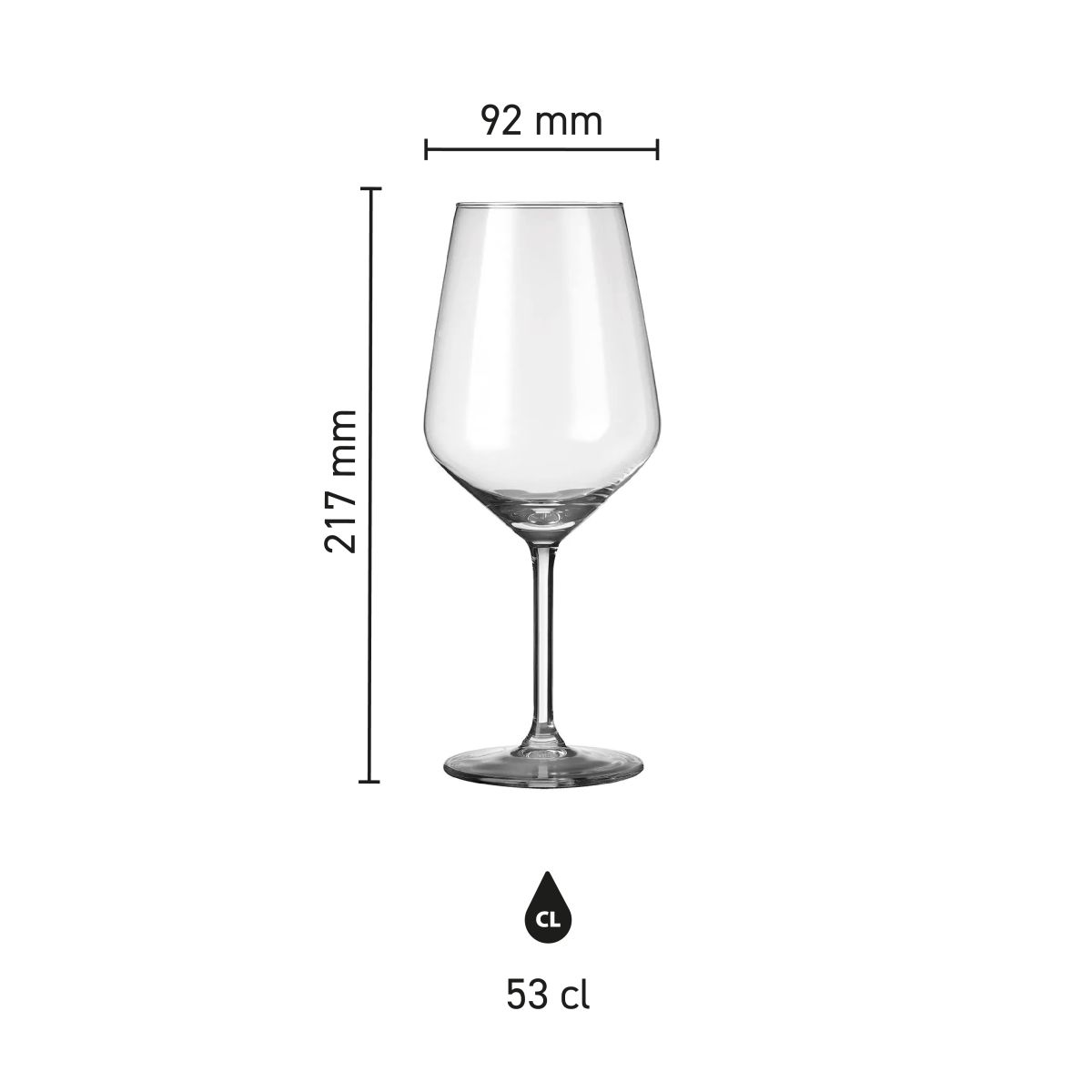 Infografik mit den Glasmaßen des Weinglases Carre 53 cl, einschließlich Höhe und Inhalt.