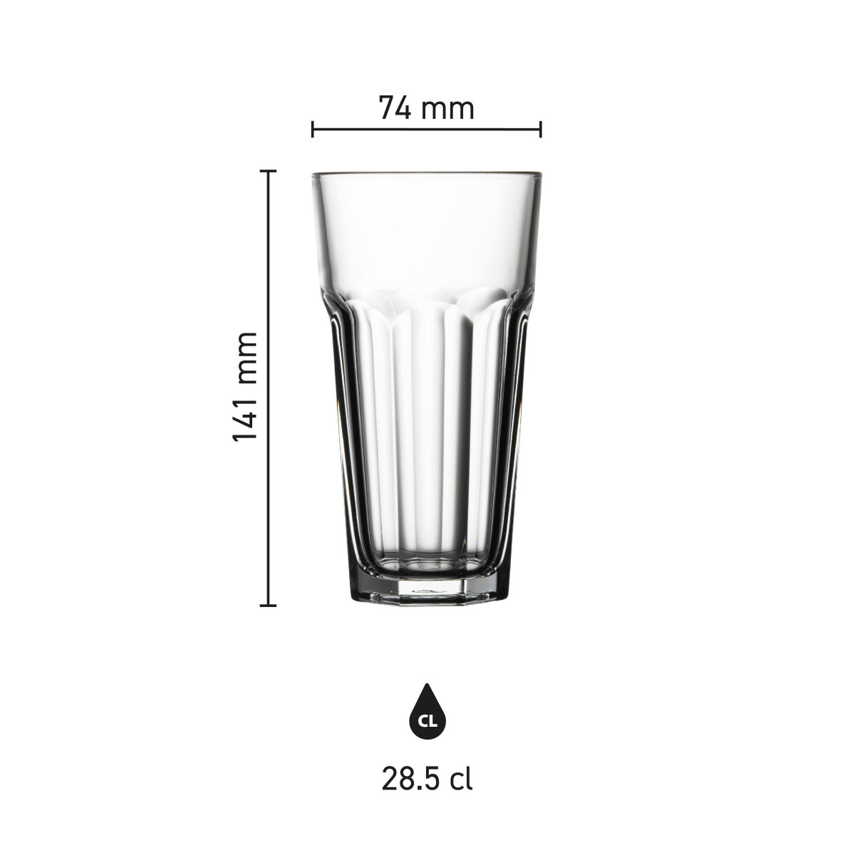 Die Infografik zeigt die Glasmaße von Casablanca Latte Hoch 28,5 cl. in Millimetern und Proportionen.