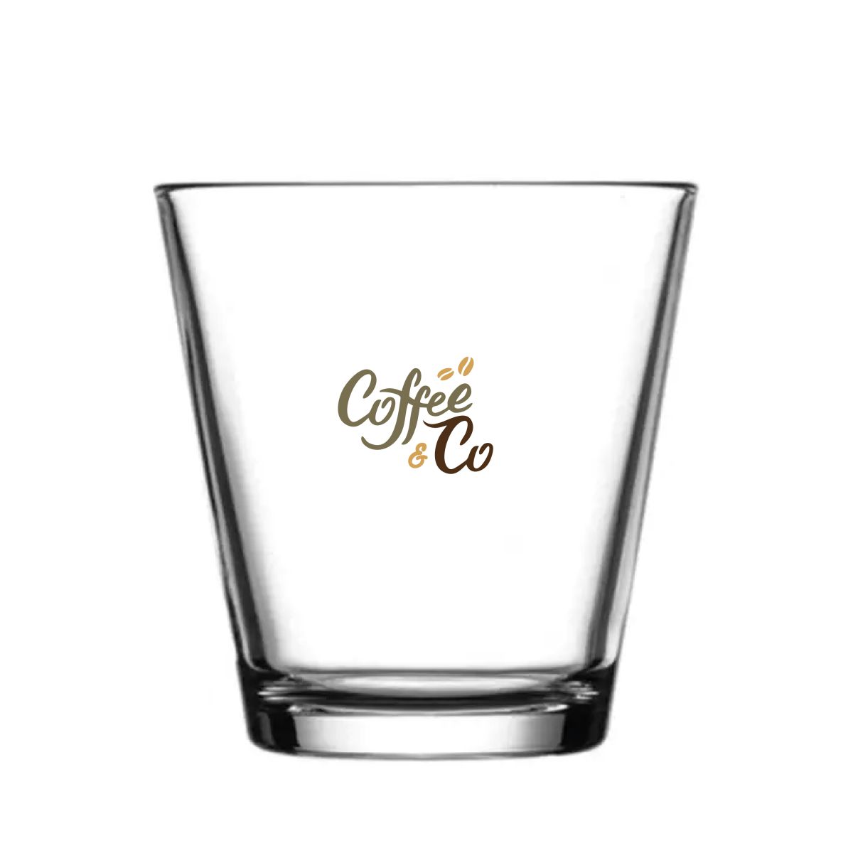 City Glas 25 cl. bedruckt mit mehrfarbigem CoffeeCo Logo auf der Vorderseite des Glases.