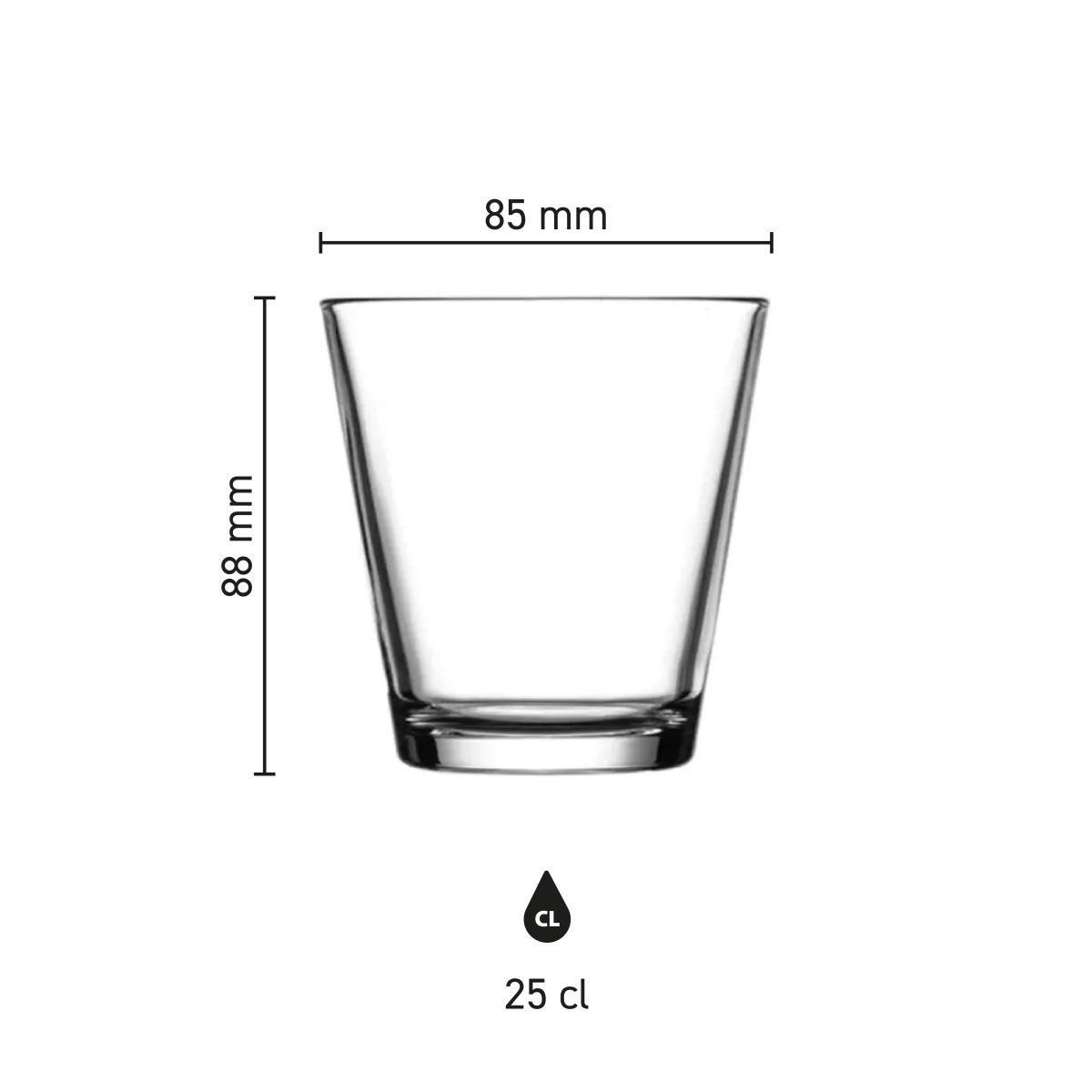 Technische Infografik mit den Produktabmessungen des City glass 25 cl in Millimetern.
