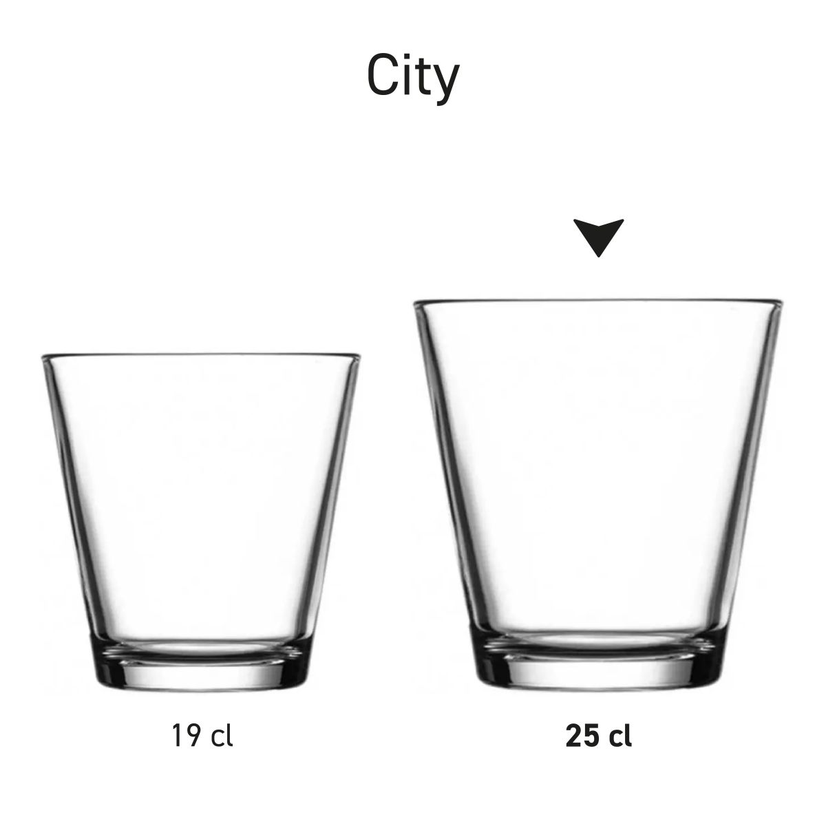 Serienanordnung von mehreren City-Gläsern 25 cl. mit verschiedenen Logo-Designs präsentiert.