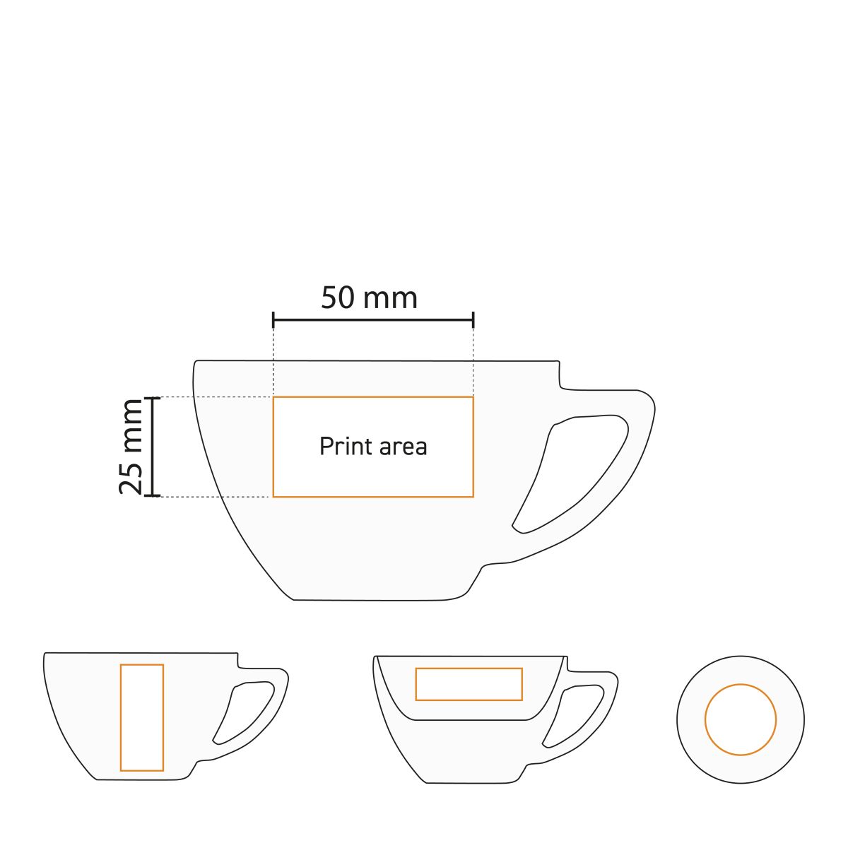 Detaillierte Arbeitszeichnung mit Druckfläche der Classic Cappuccino Tasse weiß 20 cl. für die Positionierung des Logos.