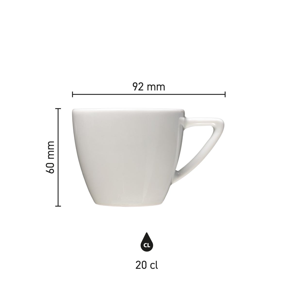 Die Infografik zeigt die Abmessungen der Classic Cappuccino Tasse weiß 20 cl. in der technischen Ansicht.