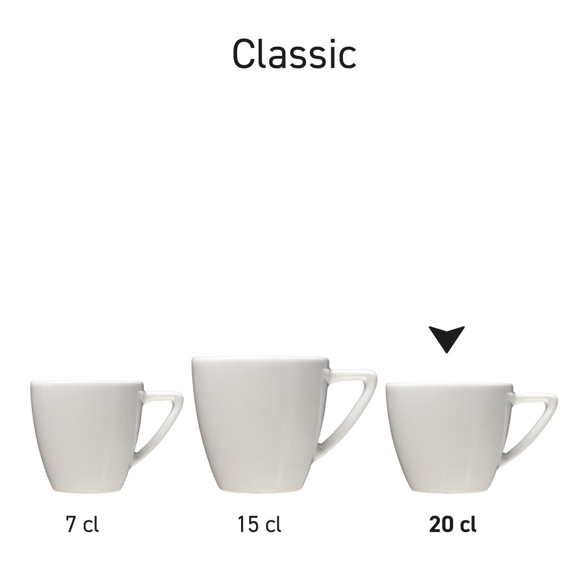Serie weißer Classic Cappuccinotassen in verschiedenen Größen, präsentiert als Classic-Serie